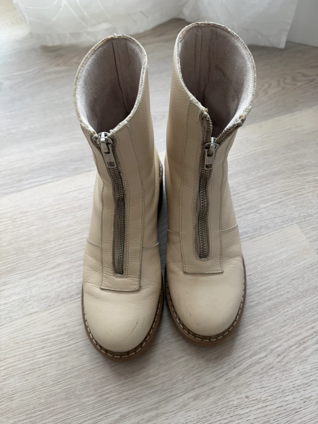 Cream Leather Zipper Boots. Made in Spain