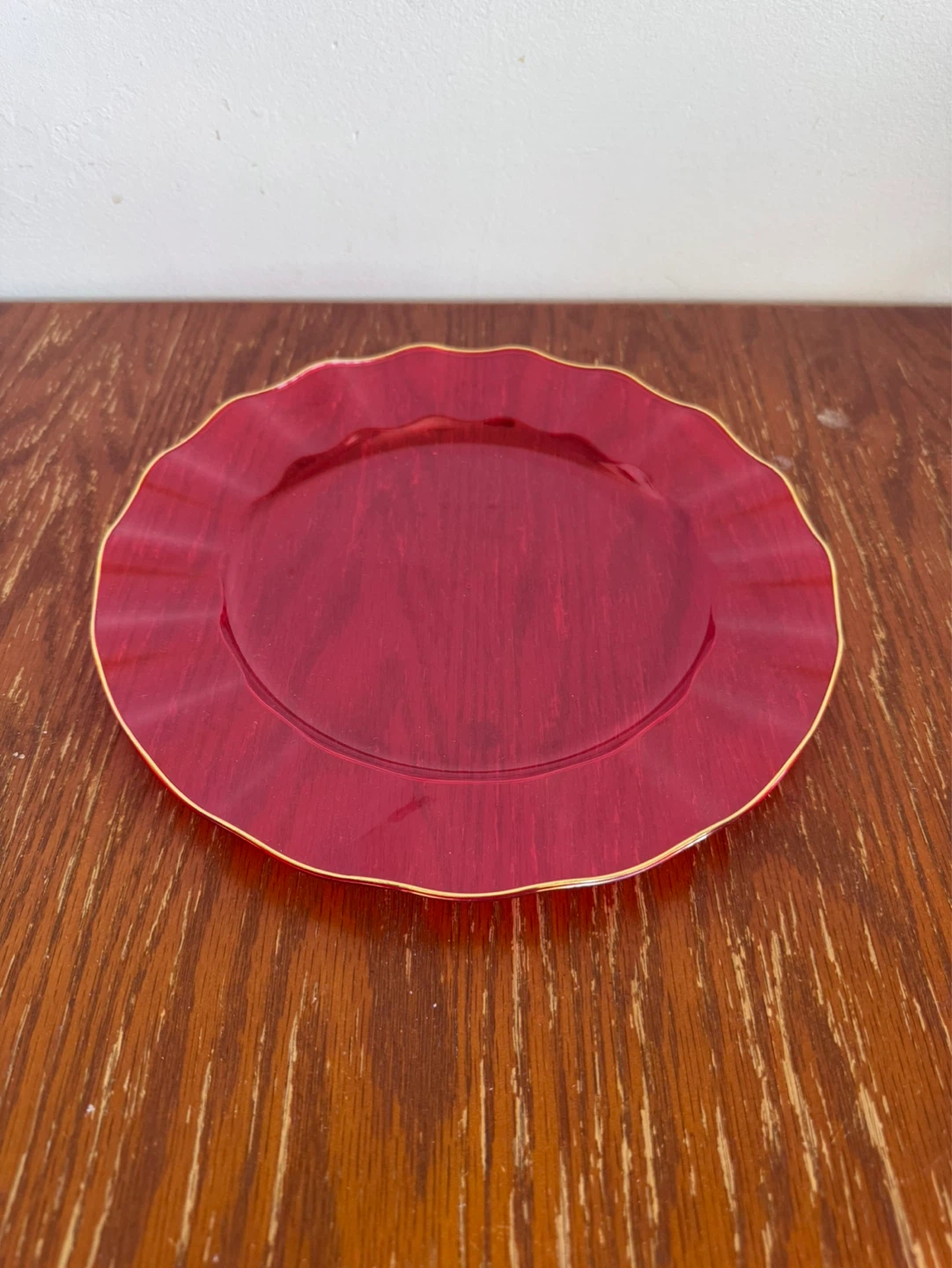 Red Plastic Plate with Gold Rim