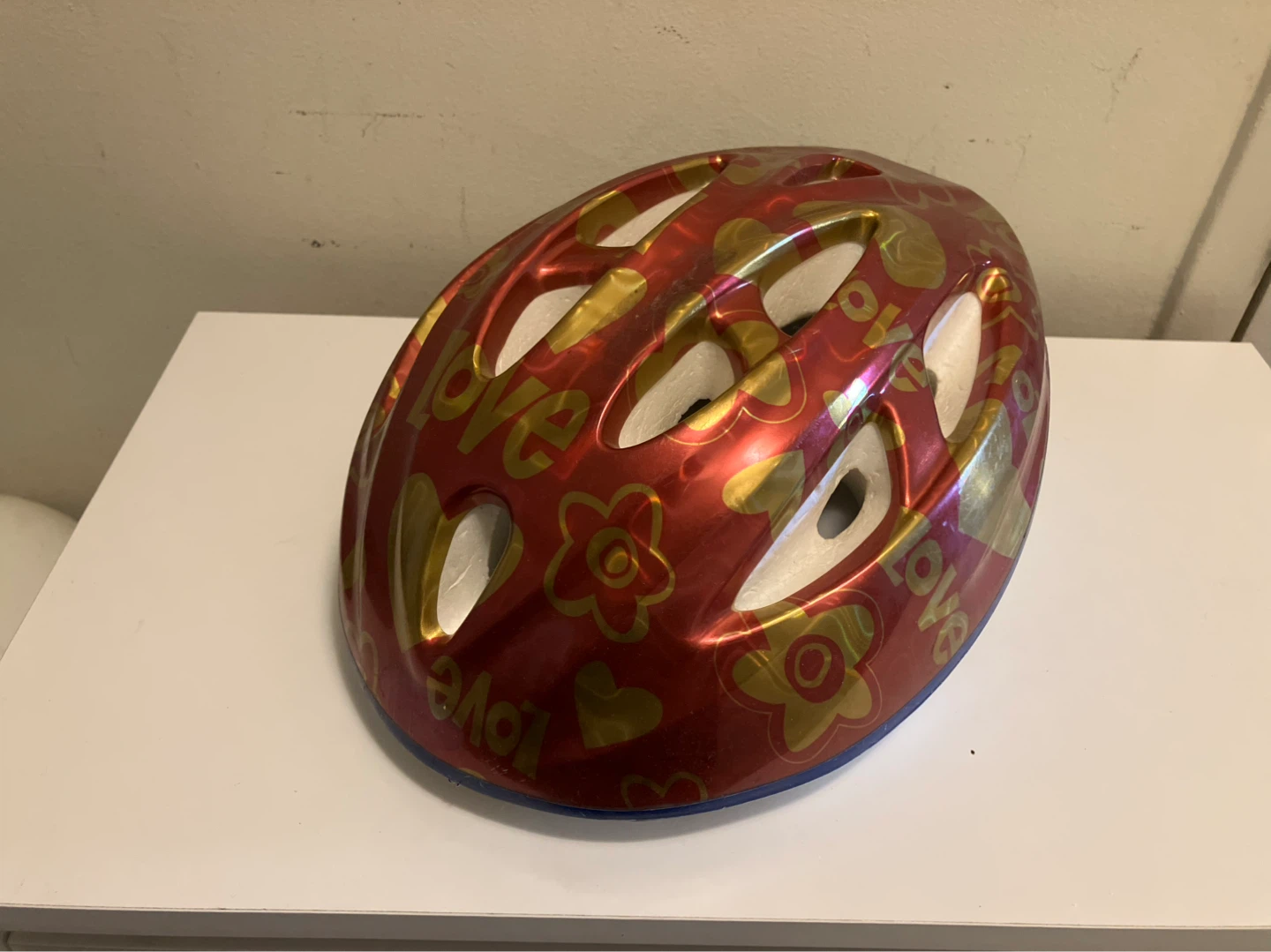 Bike Helmet - Red with Gold Flowers & Hearts