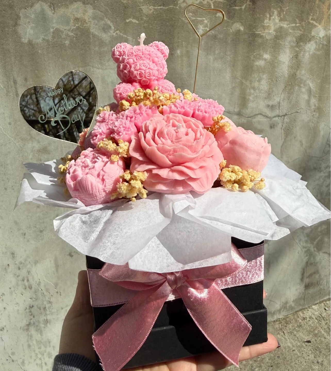 Pink Teddy Bear and Flower Candle Arrangement