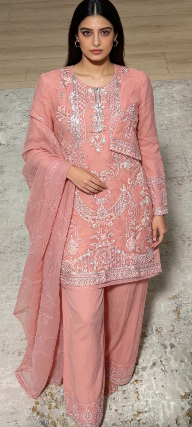 Peach Embroidered Salwar Kameez Dupatta Set