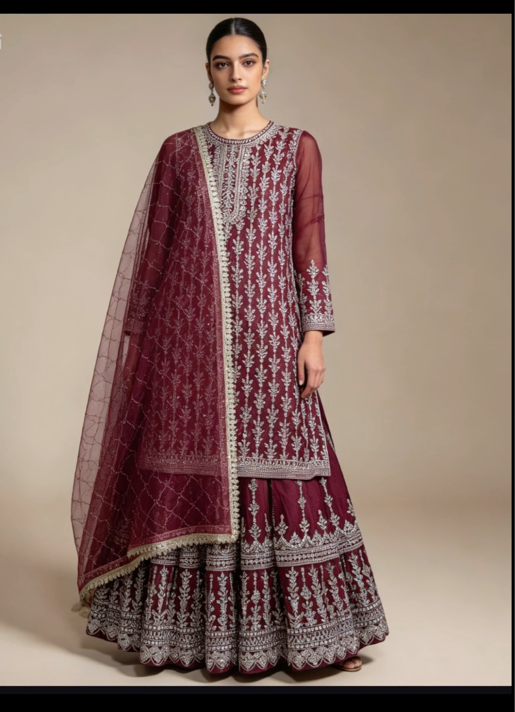 Embroidered Maroon and Silver Gharara Suit
