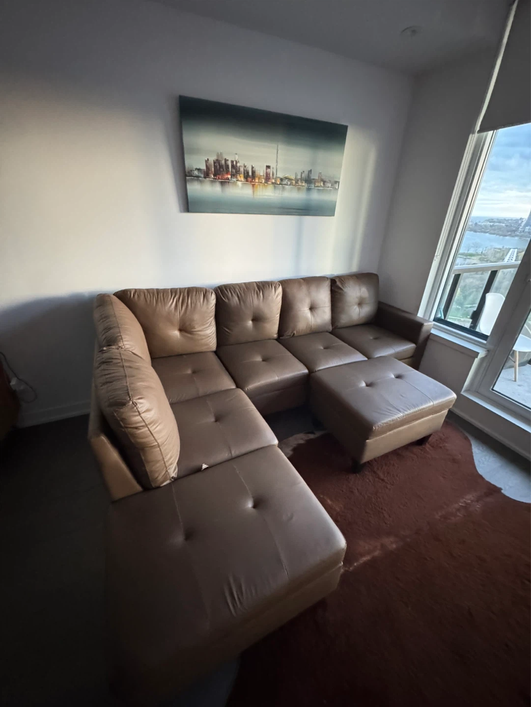 Brown Leather Like Sectional Sofa with Ottoman