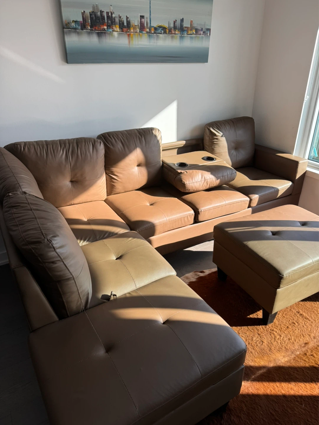 Brown Leather Like Sectional Sofa with Ottoman - photo 2