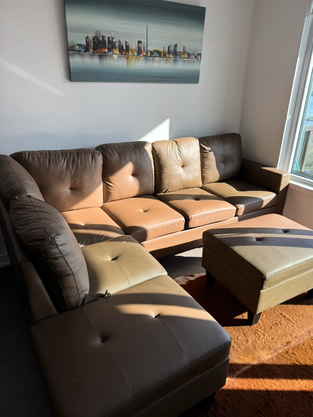 Brown Leather Like Sectional Sofa with Ottoman - photo 4