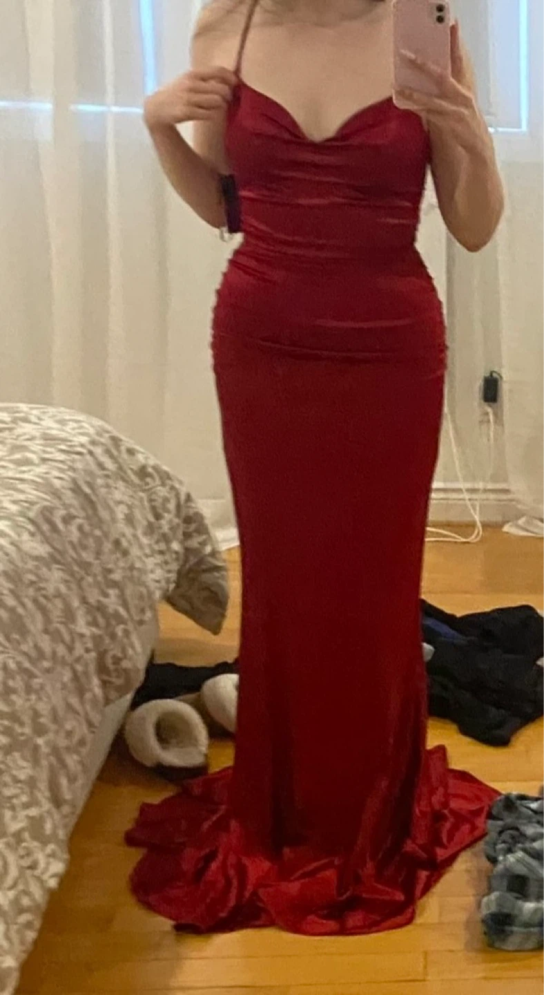 Red Ruched Maxi Dress with Lace-Up Back