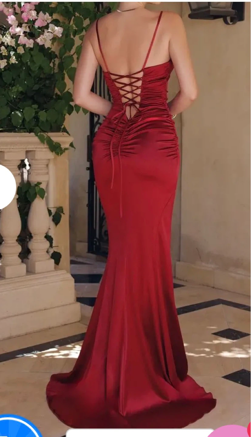 Red Ruched Maxi Dress with Lace-Up Back - photo 2