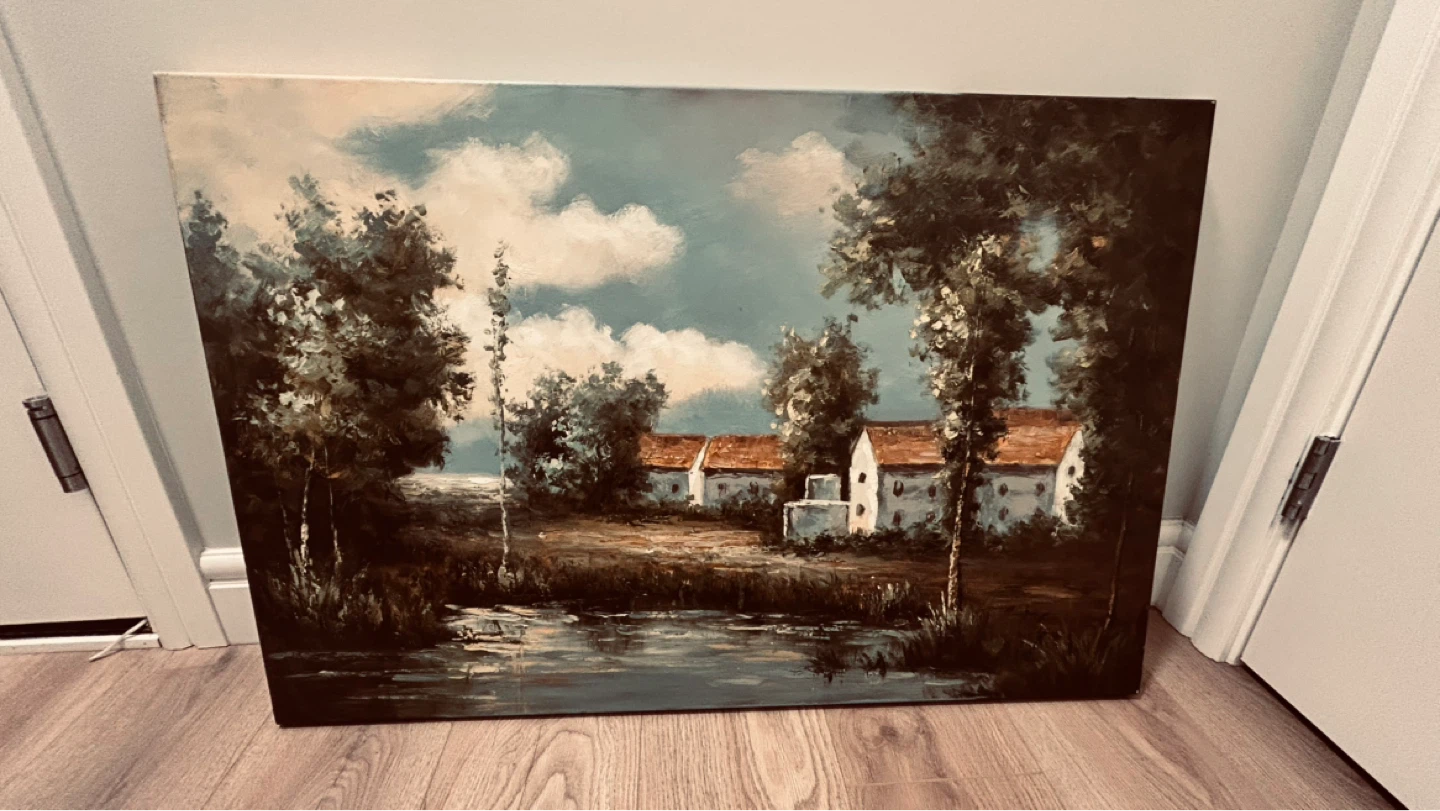 Large Oil Painting on Canvas – Cottage Near the Pond – 36” x 24”