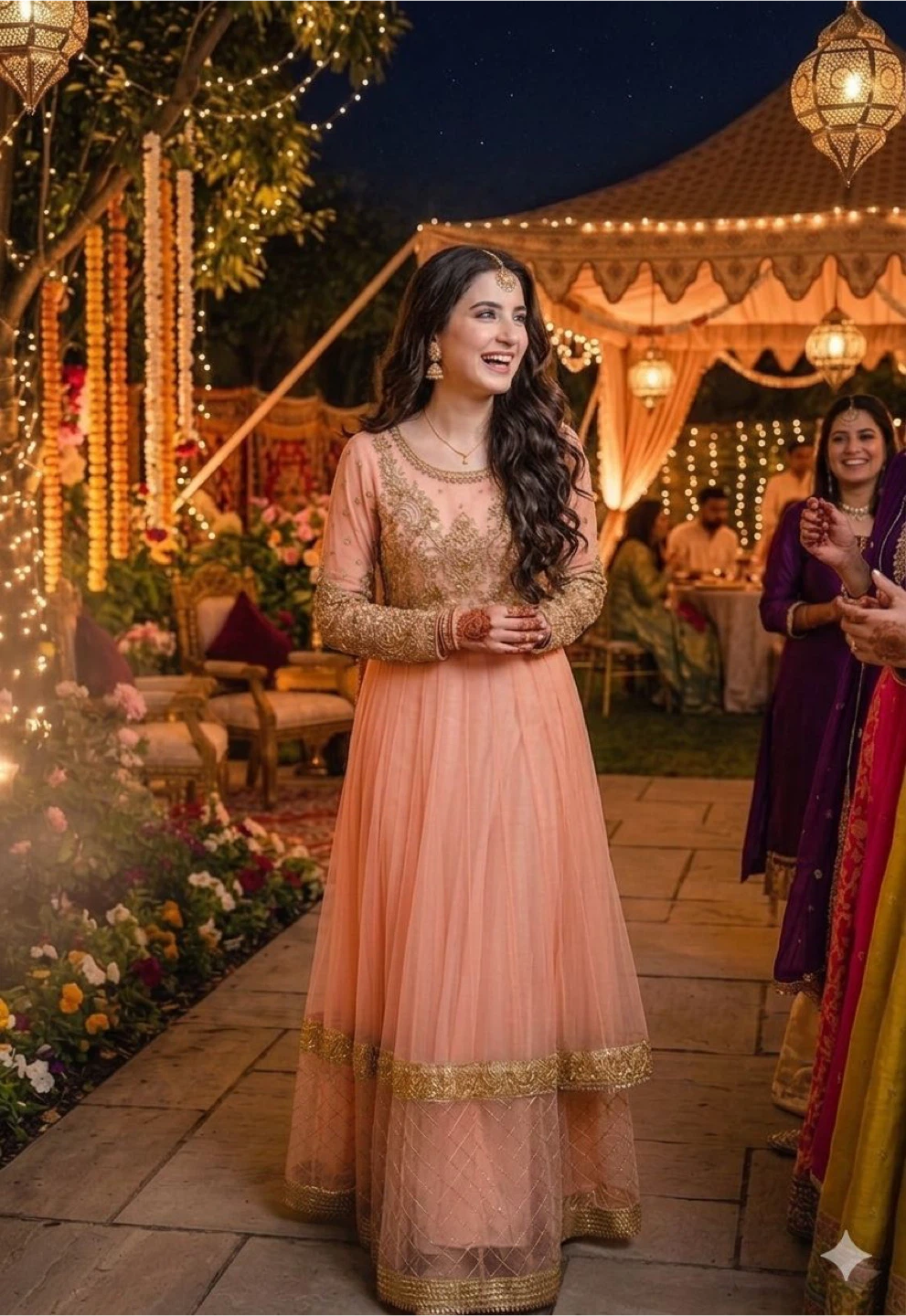 Women's Peach Anarkali Suit with Gold Embellishments