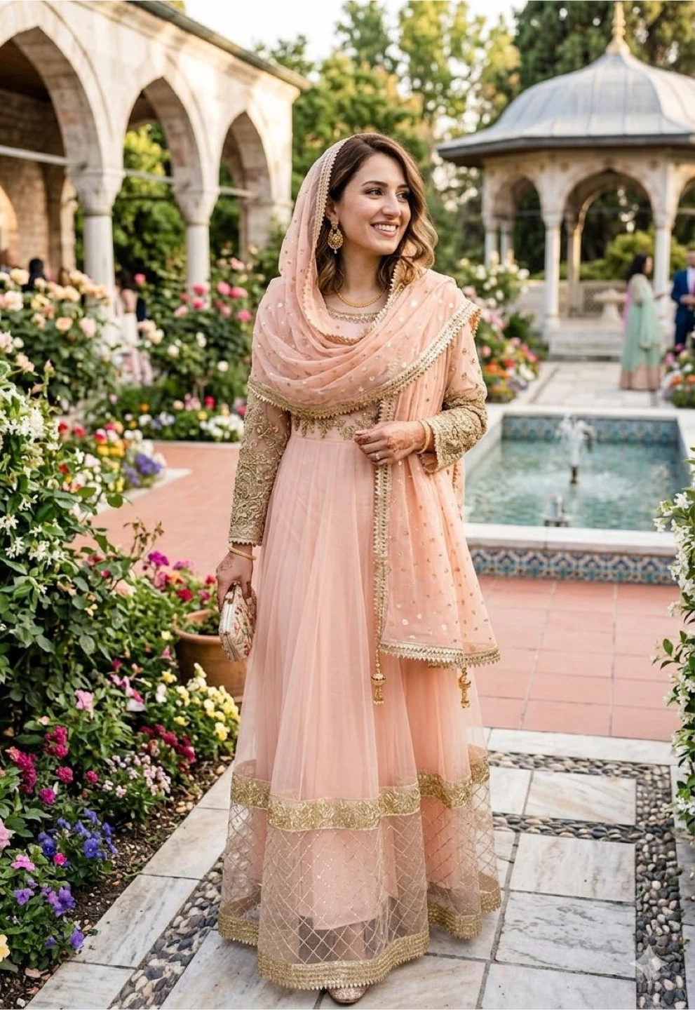 Women's Peach Anarkali Suit with Gold Embellishments - photo 2