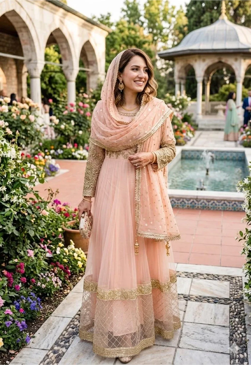 Women's Peach Anarkali Suit with Gold Embellishments - photo 2