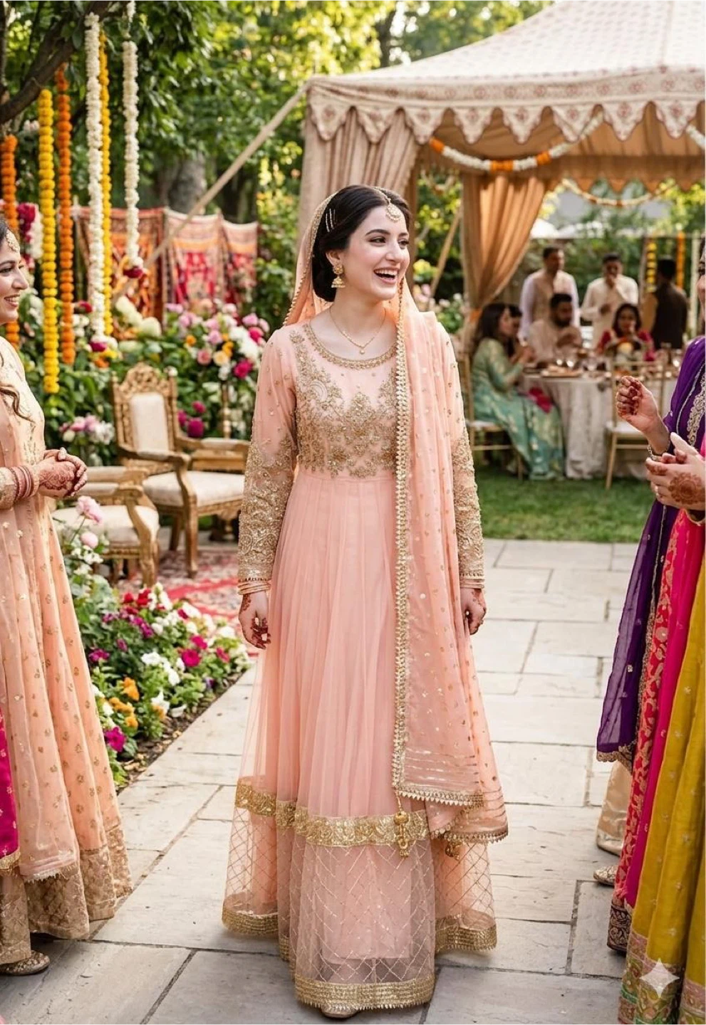 Women's Peach Anarkali Suit with Gold Embellishments - photo 3