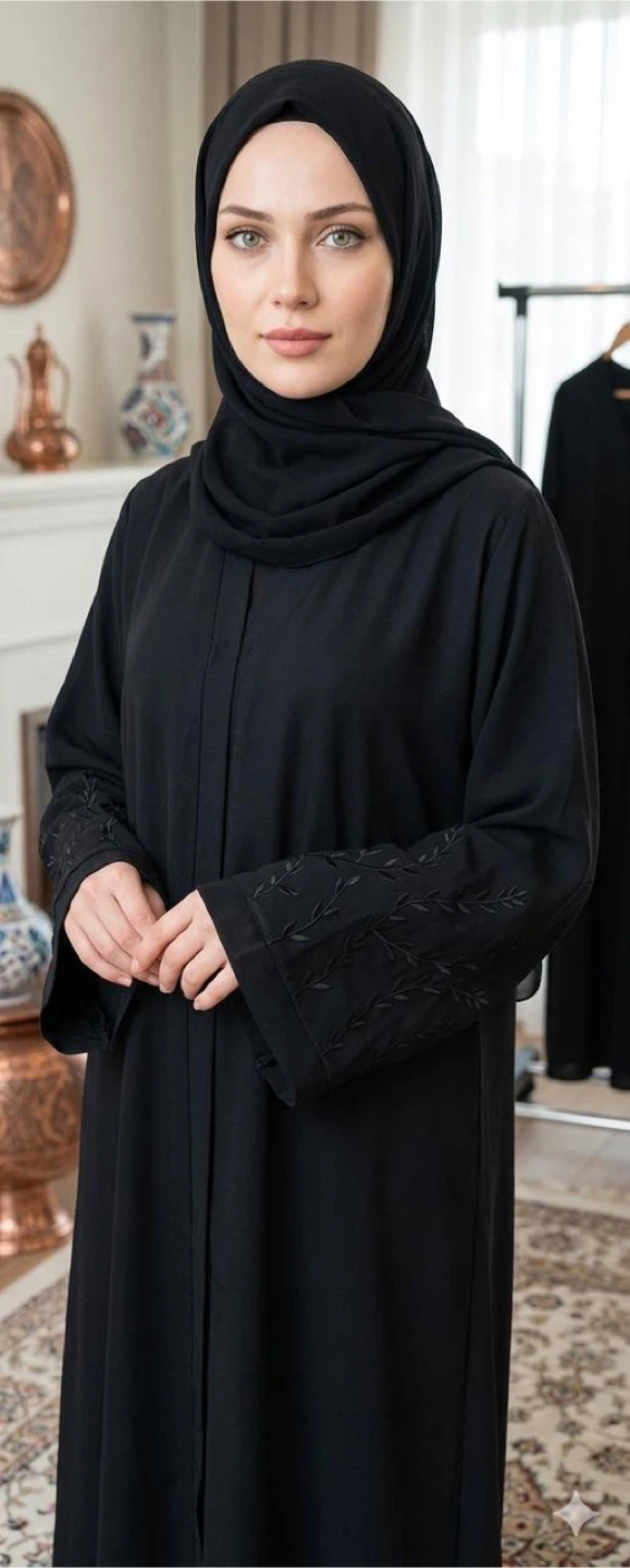 Black Abaya with Embroidered Sleeves - photo 2
