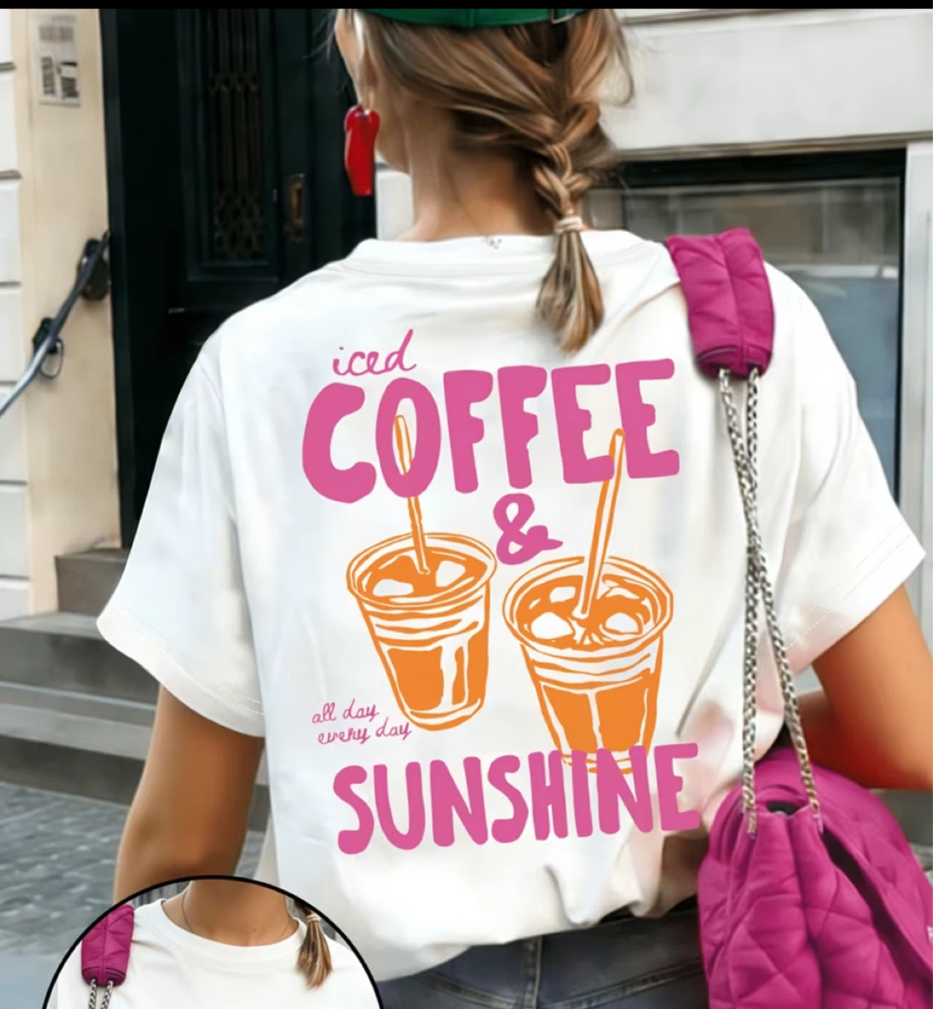 White T-Shirt with Iced Coffee & Sunshine Graphic
