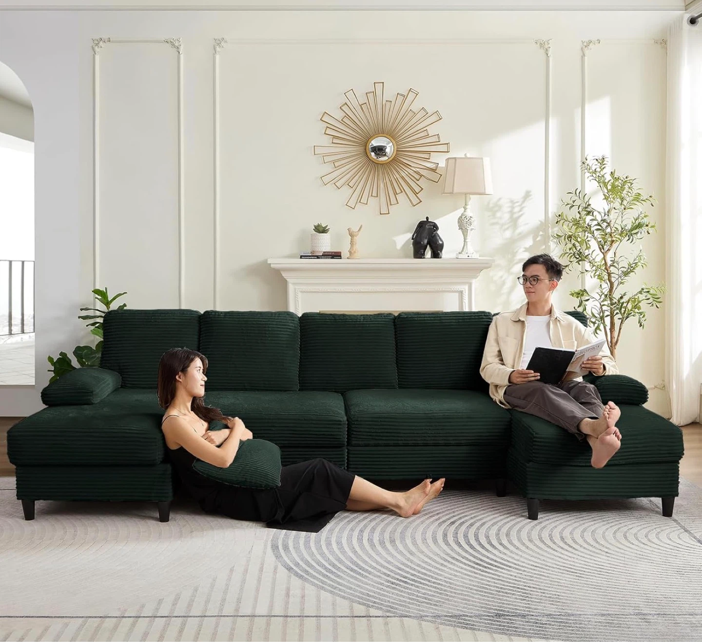 Dark Green Corduroy Sectional Sofa