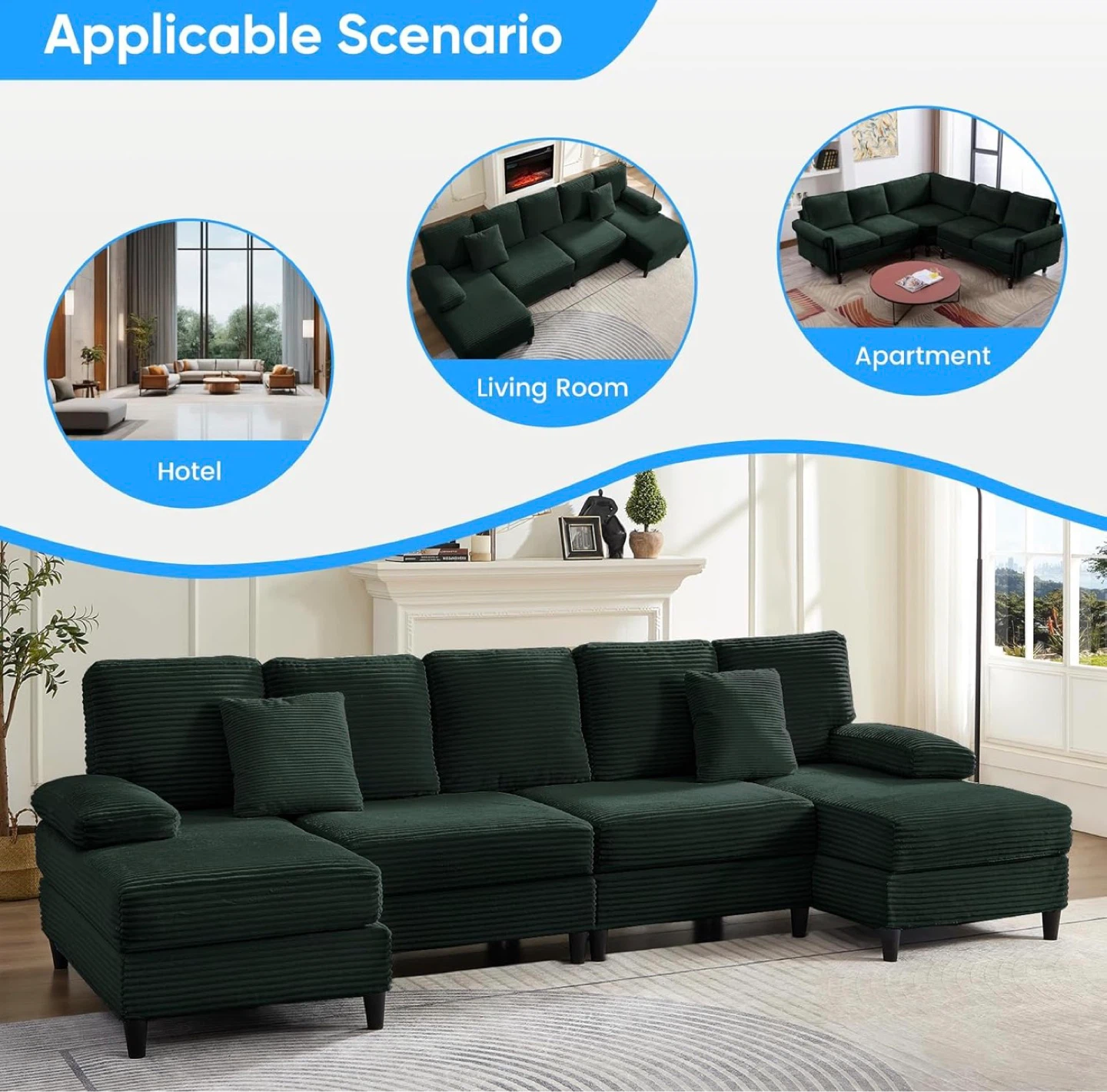 Dark Green Corduroy Sectional Sofa - photo 4