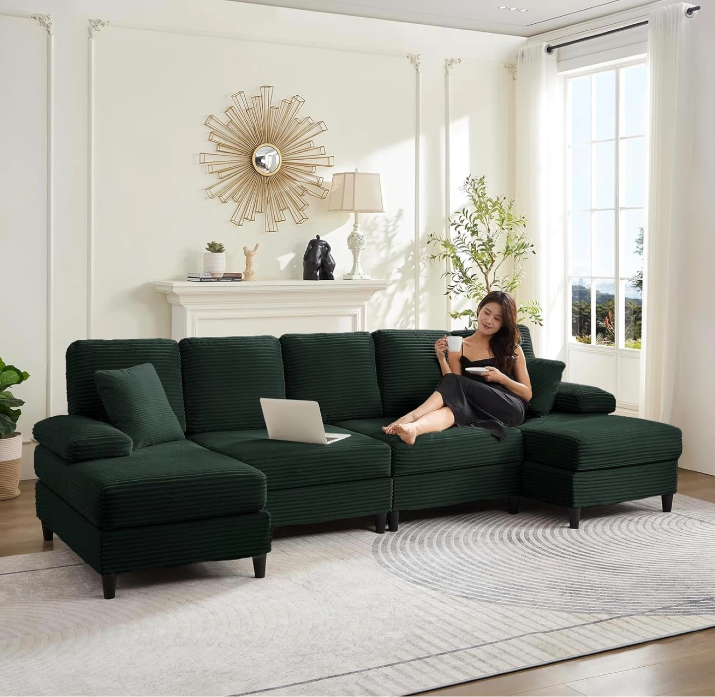 Dark Green Corduroy Sectional Sofa - photo 3