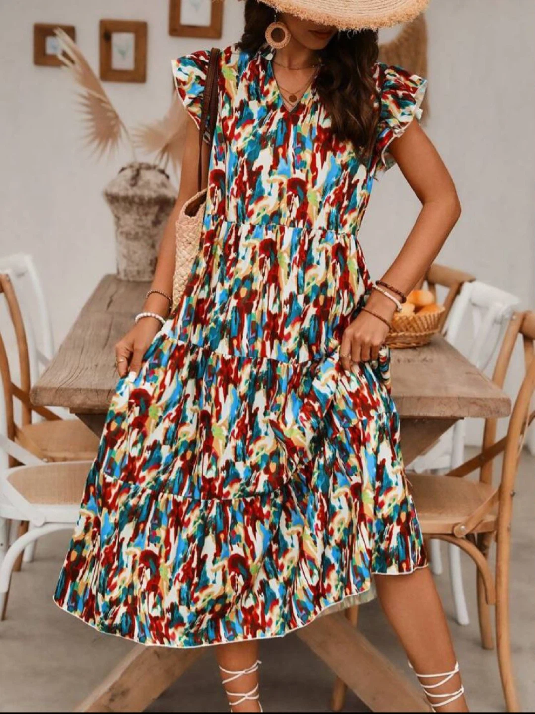Women's Abstract Print Tiered Maxi Dress