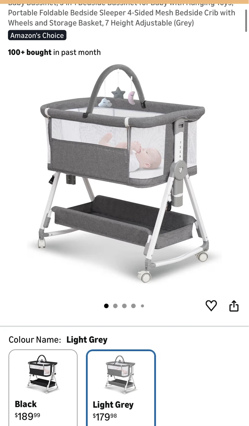 Light Grey Portable Foldable Bedside Sleeper Crib