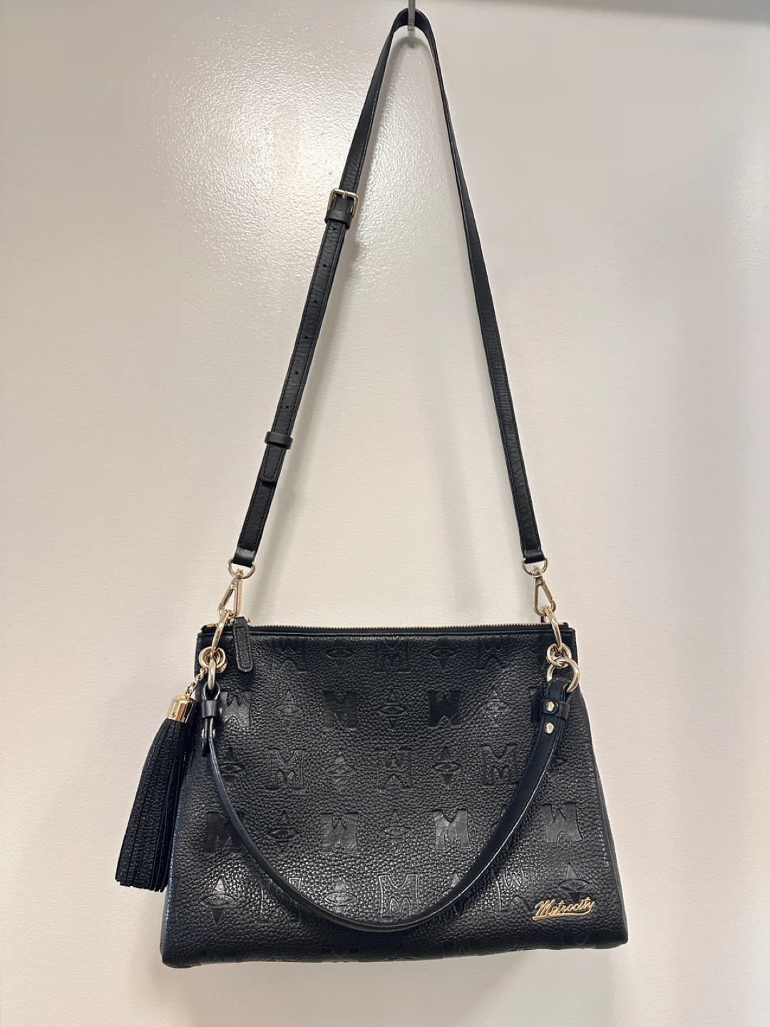 Metropolis Black Leather Embossed Shoulder Bag
