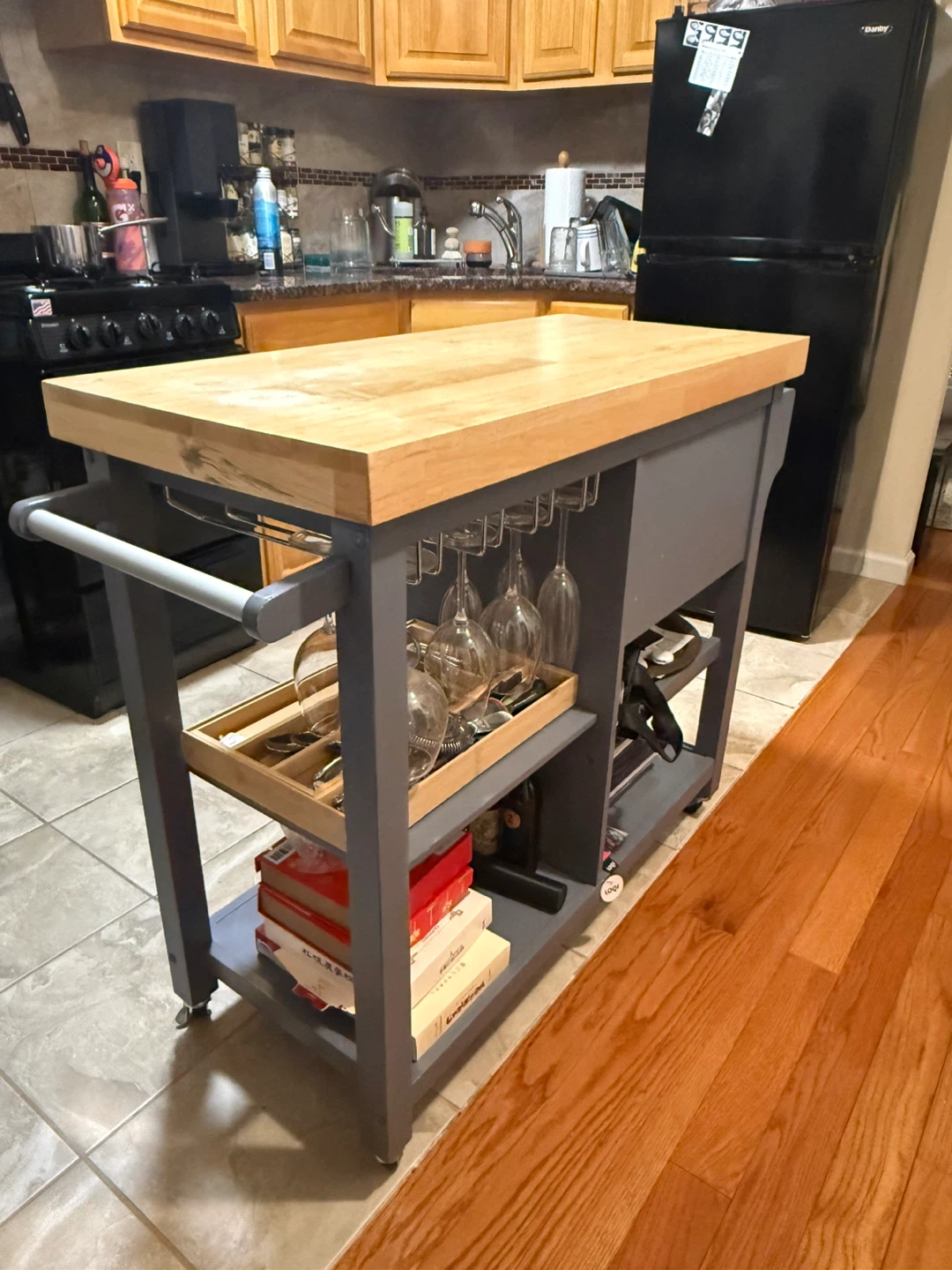Kitchen Island Cart with Wine Rack and Glass Holders