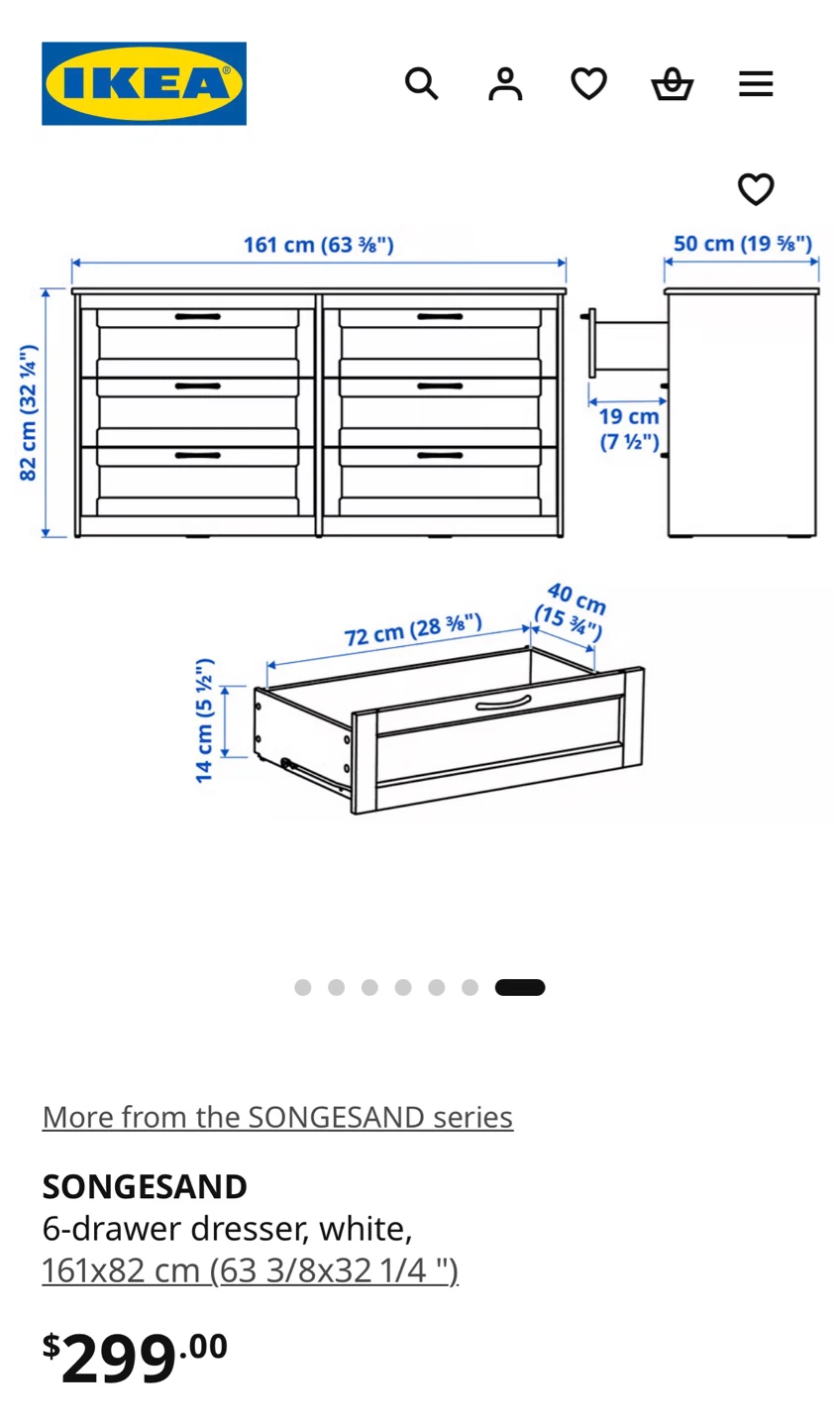 IKEA White SONGESAND 6-Drawer Dresser - photo 5