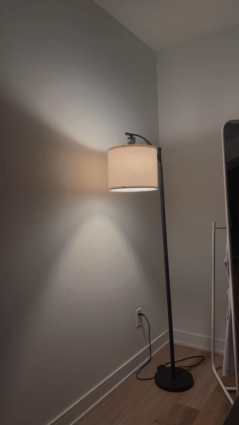 Black Arc Floor Lamp with Beige Drum Shade - photo 2