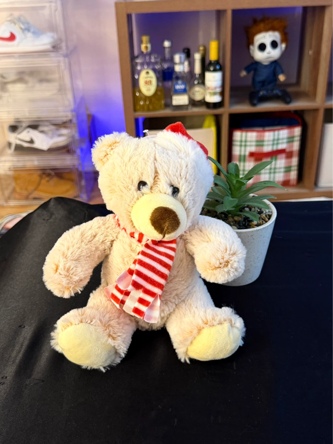 Plush Teddy Bear with Santa Hat and Striped Scarf