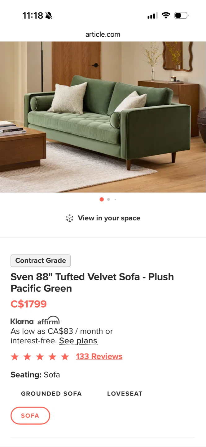 Article Sven 88" Tufted Velvet Sofa - Plush Pacific Green - photo 4
