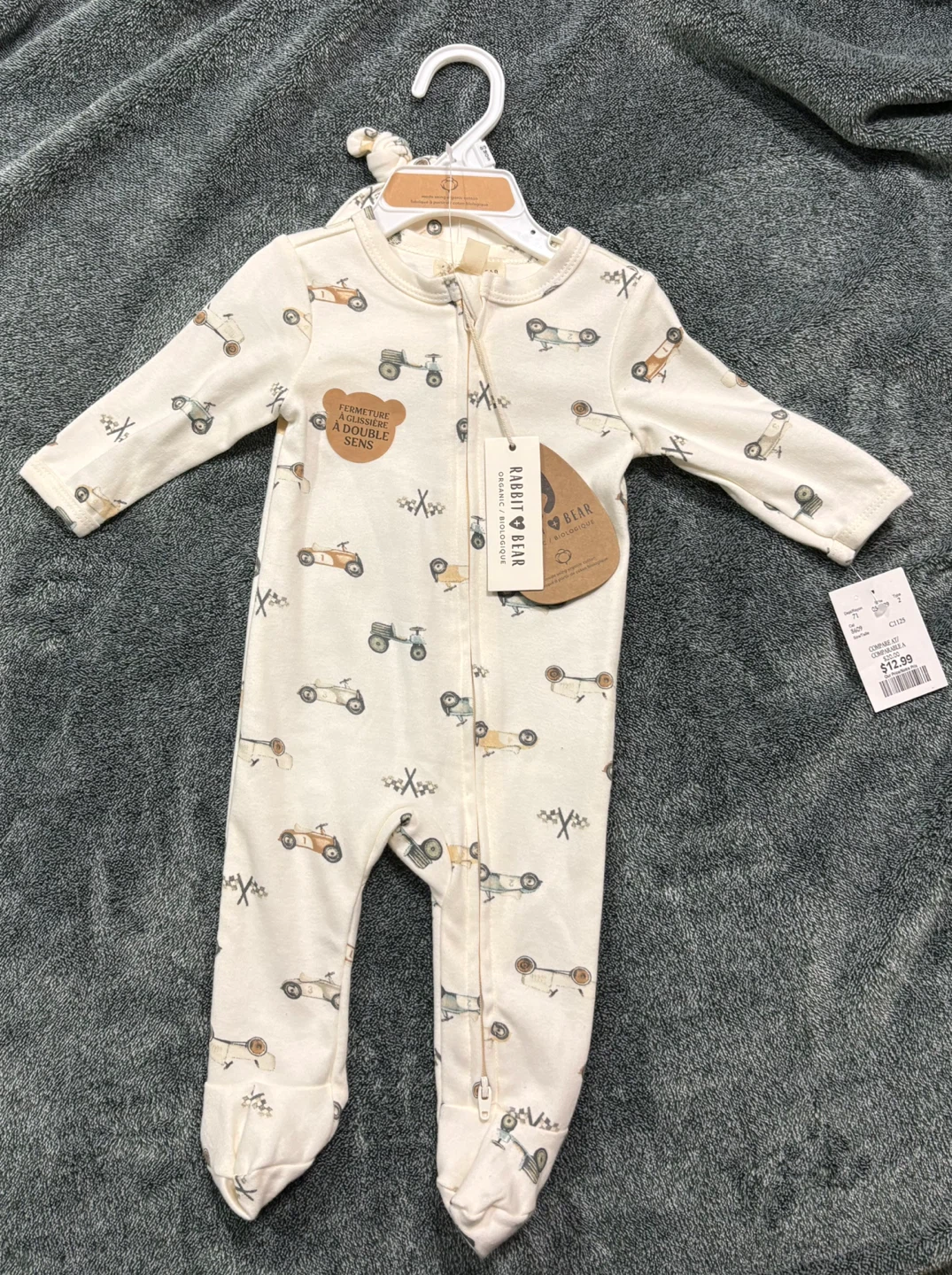 Rabbit & Bear Baby Sleepers with Hat - Race Car Print