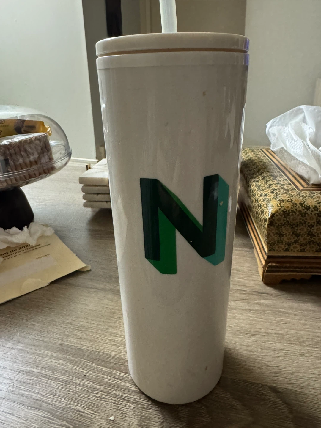 White Tumbler with Green 'N' Logo