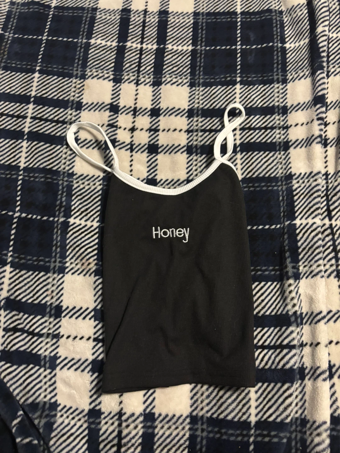 Black ribbed cami with "Honey" embroidery