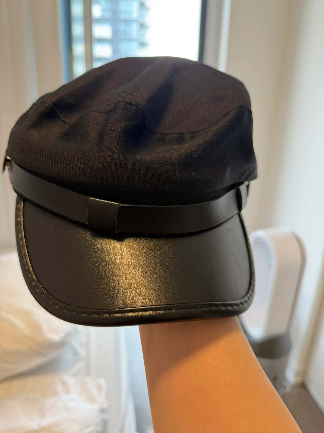 Black Baker Boy Cap with Faux Leather Brim - photo 2
