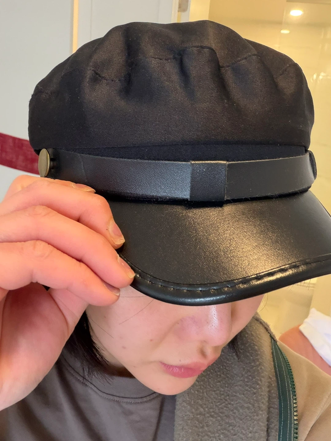 Black Baker Boy Cap with Faux Leather Brim