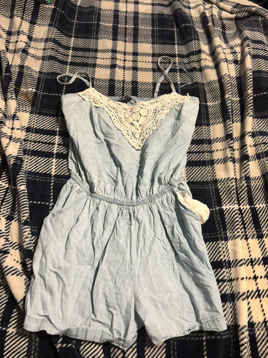 light blue romper with white lace