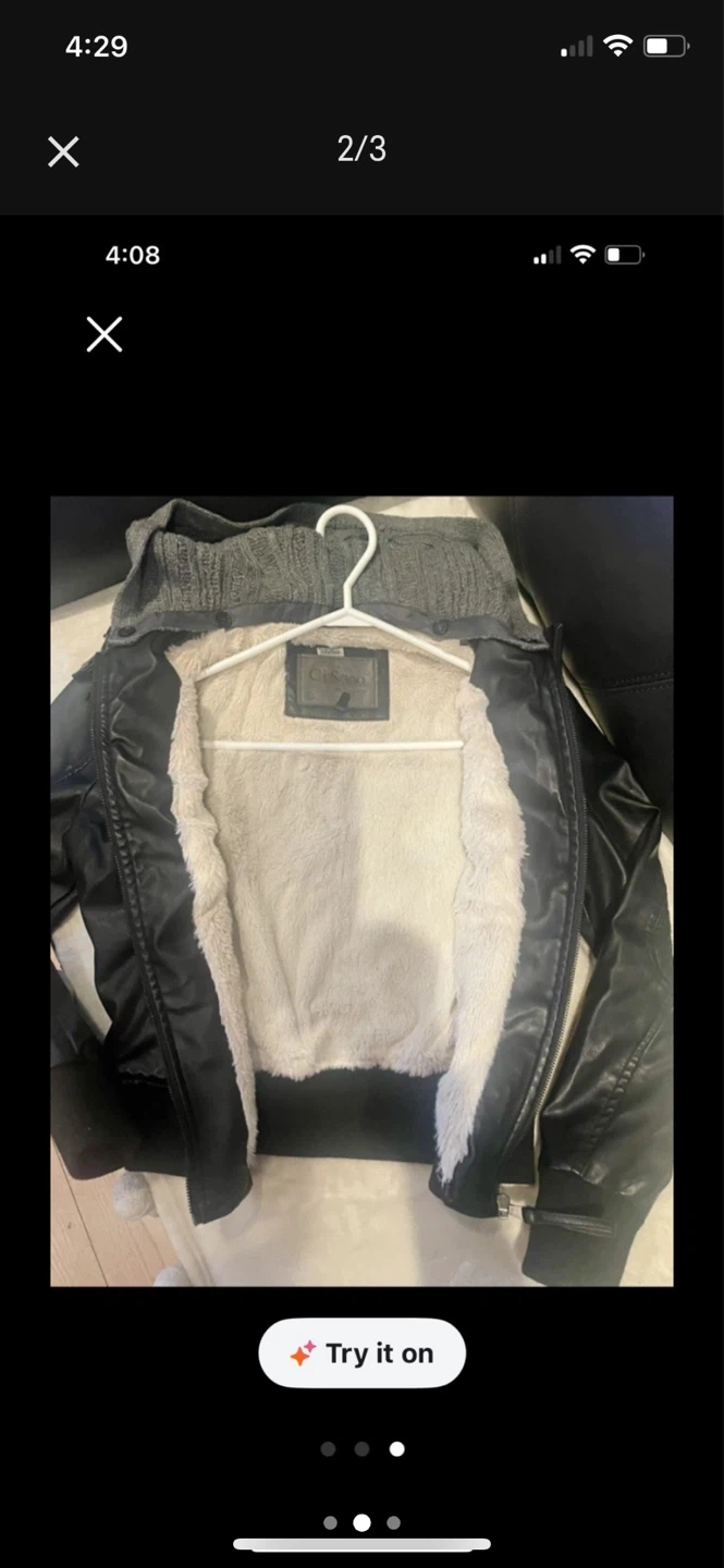 Black Faux Leather Jacket with Grey Knit Hood - photo 2