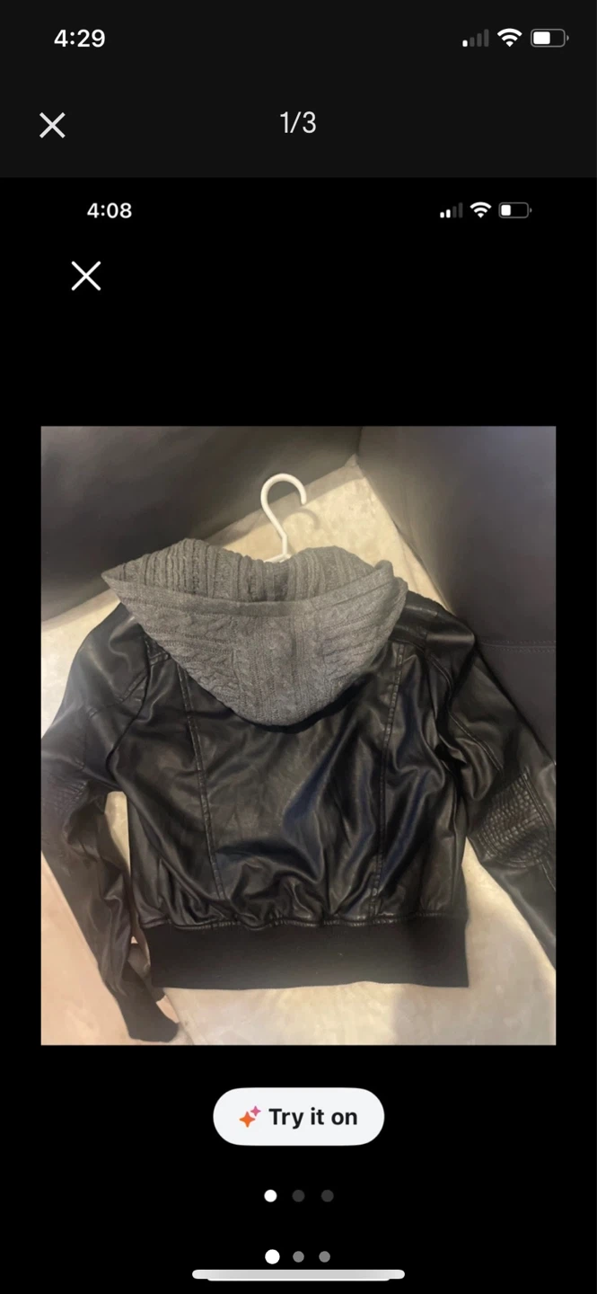Black Faux Leather Jacket with Grey Knit Hood