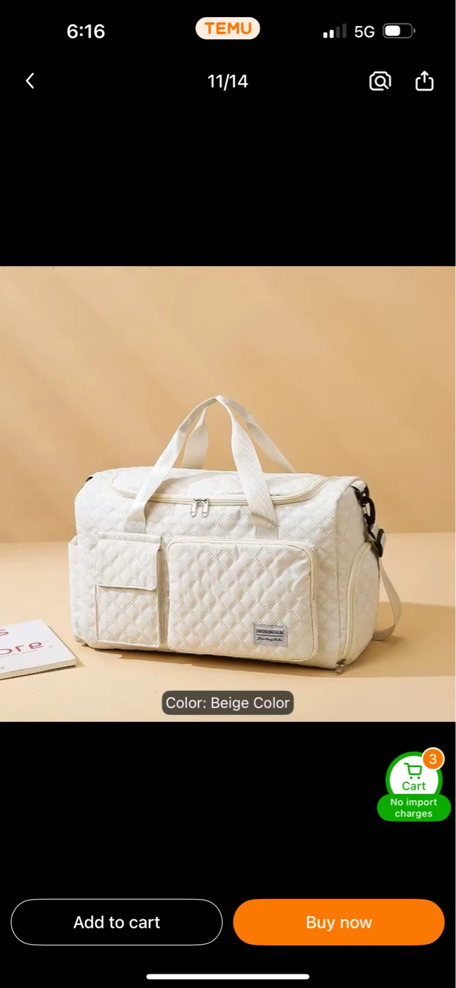 Beige Quilted Duffel Bag with Shoe Compartment