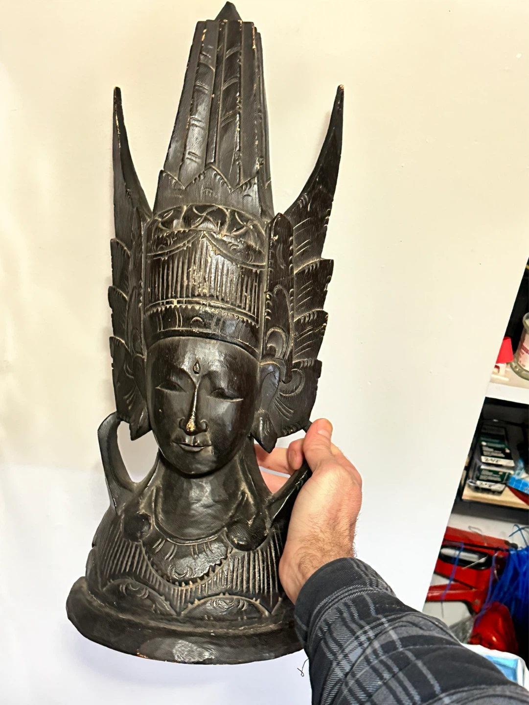 Vintage  Large Indonesian Hand Carved Wood Goddess Diety Bust - photo 2