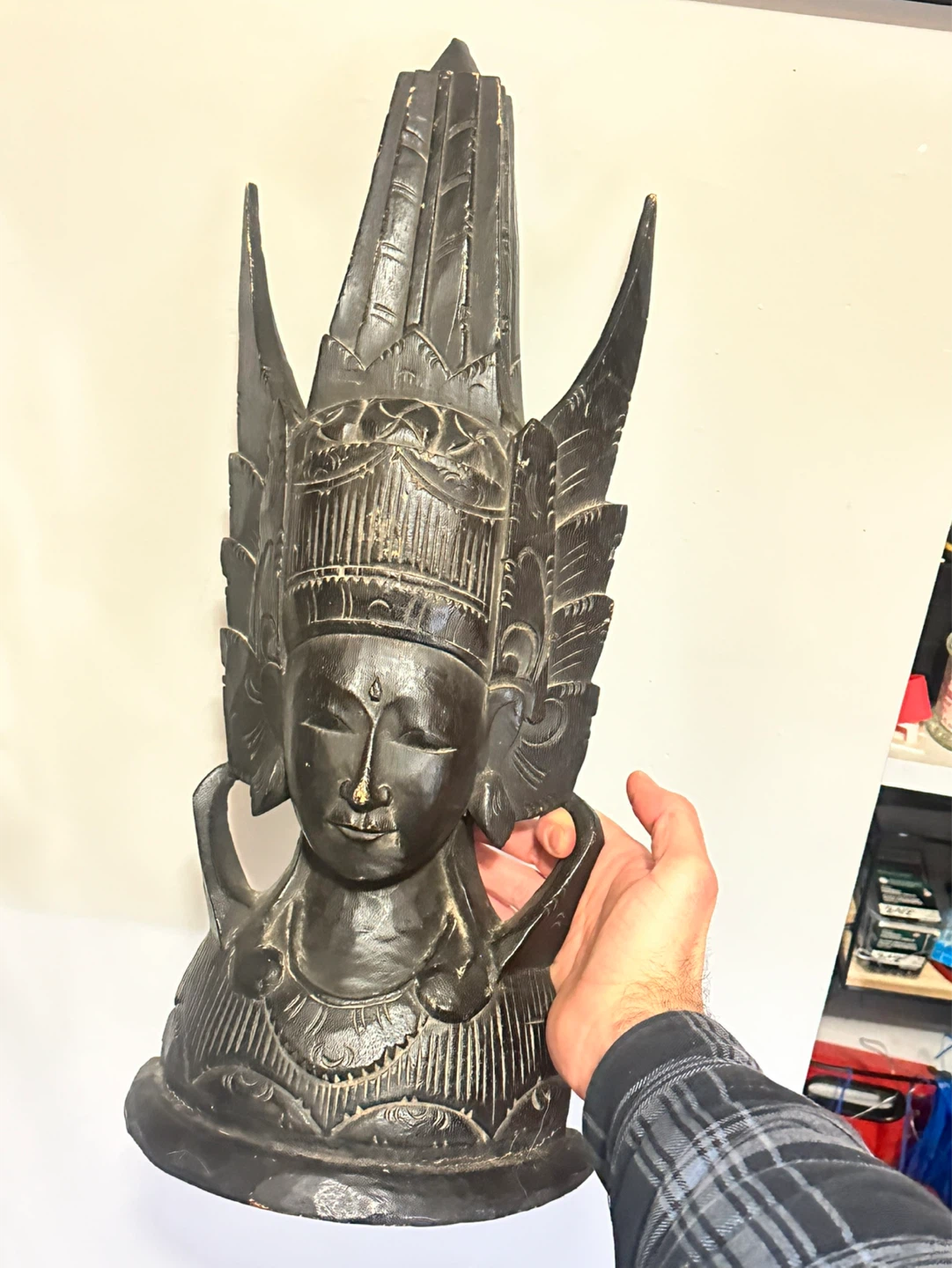 Vintage  Large Indonesian Hand Carved Wood Goddess Diety Bust