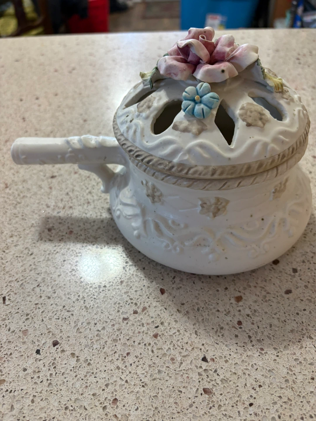 Vintage Hand Painted White Ceramic Potpourri Pot with Floral Lid