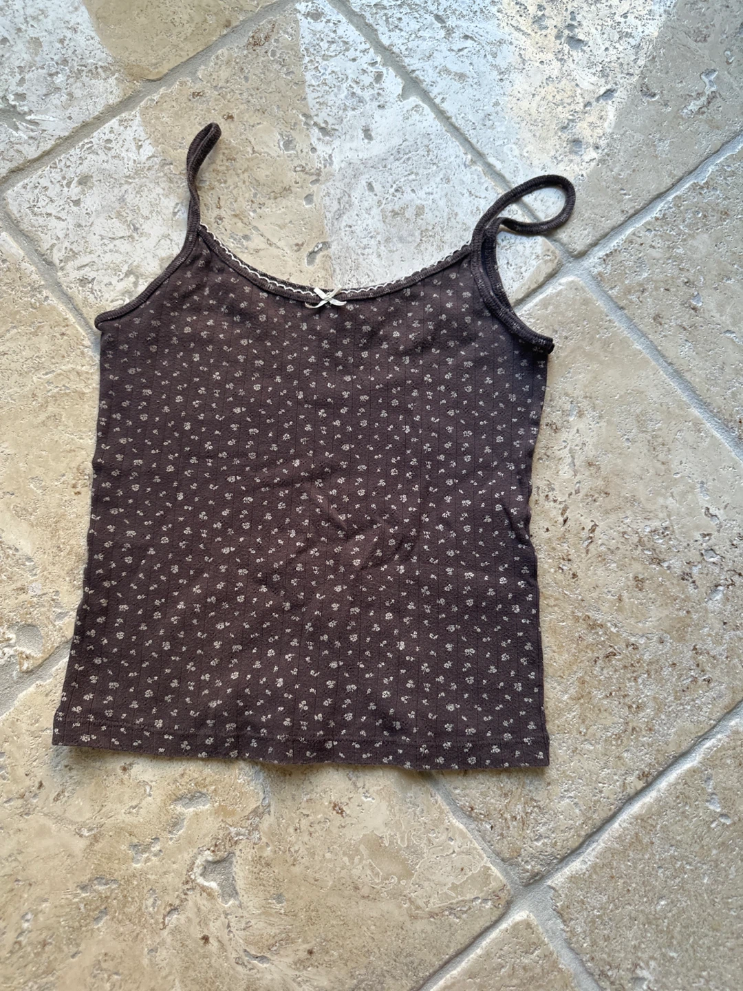 Brown Floral Ribbed Tank Top with Bow