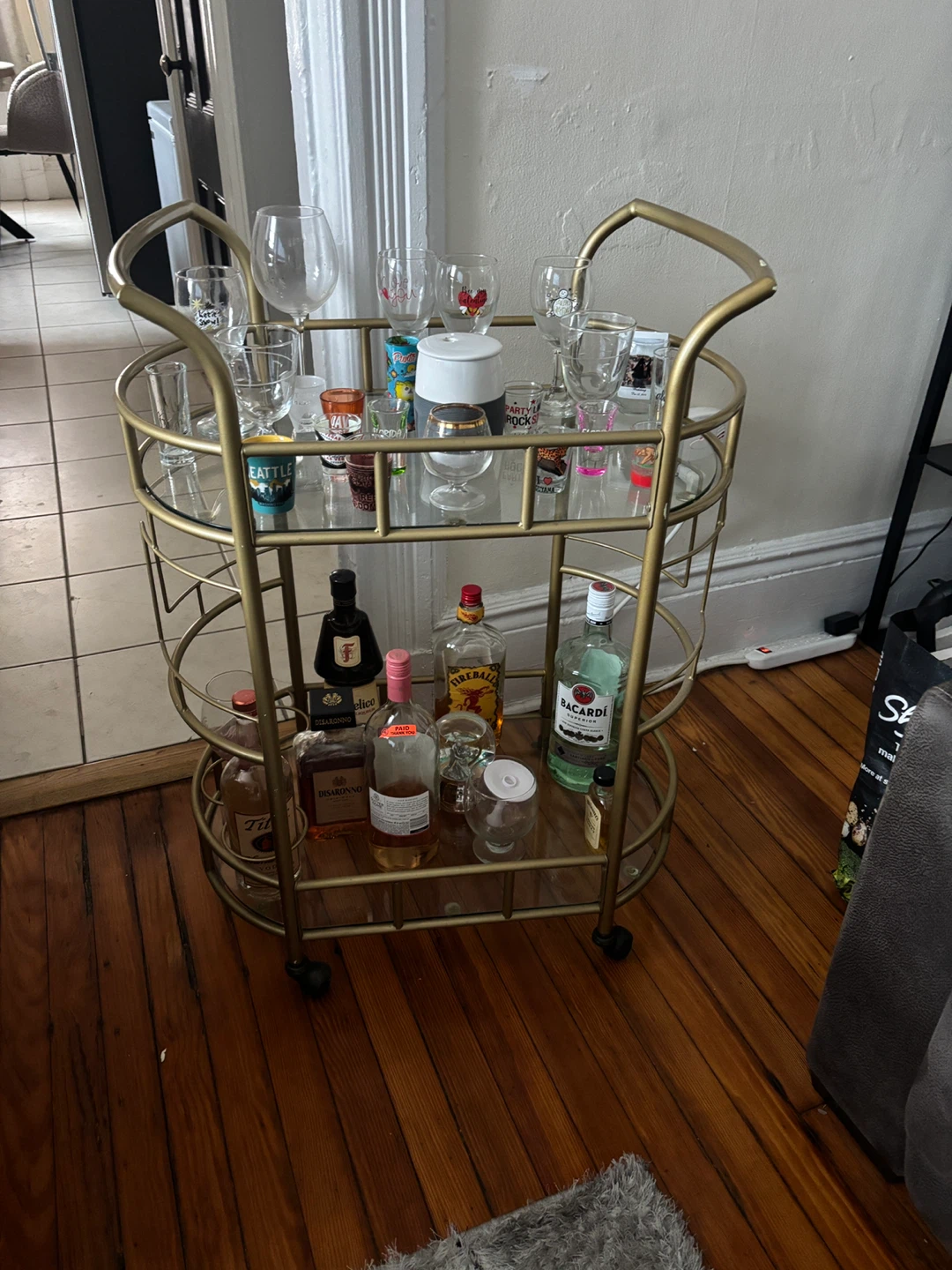 Gold Bar Cart with Glass Shelves