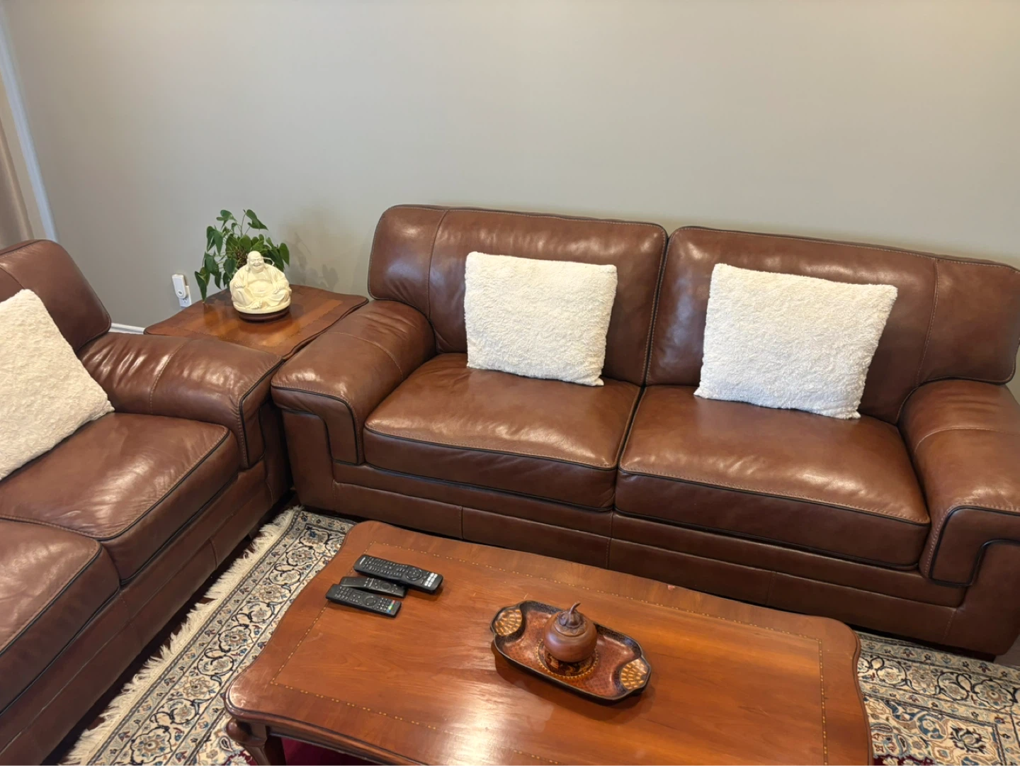 Brown Leather Sofa and Love seat with White Cushions