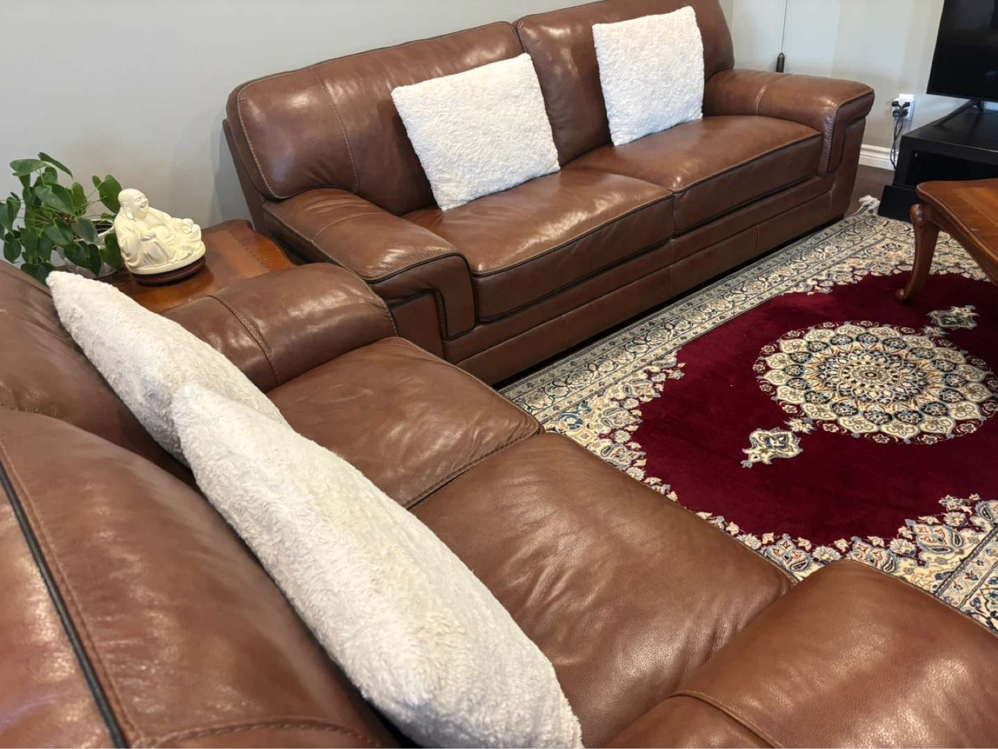 Brown Leather Sofa and Love seat with White Cushions - photo 2