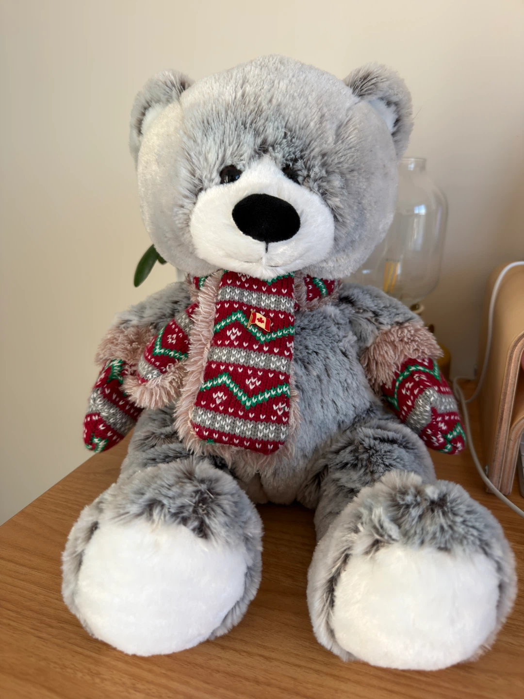 Plush Grey Teddy Bear with Festive Scarf