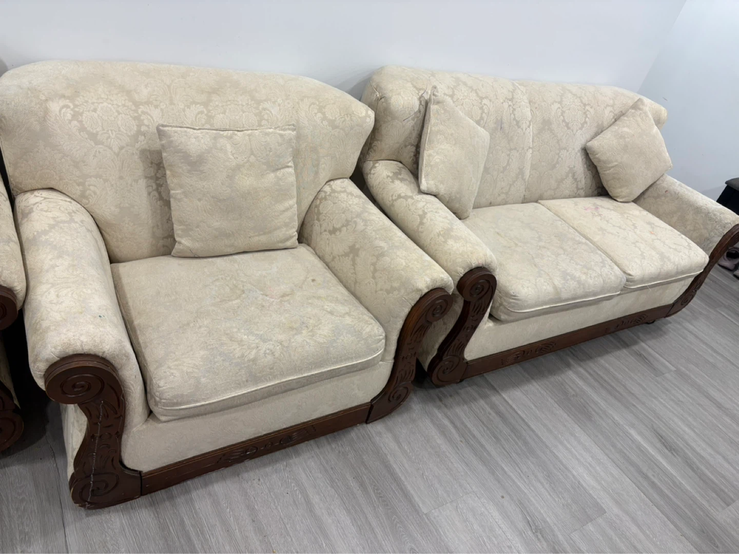 Cream Damask Sofa Set with Wooden Accents