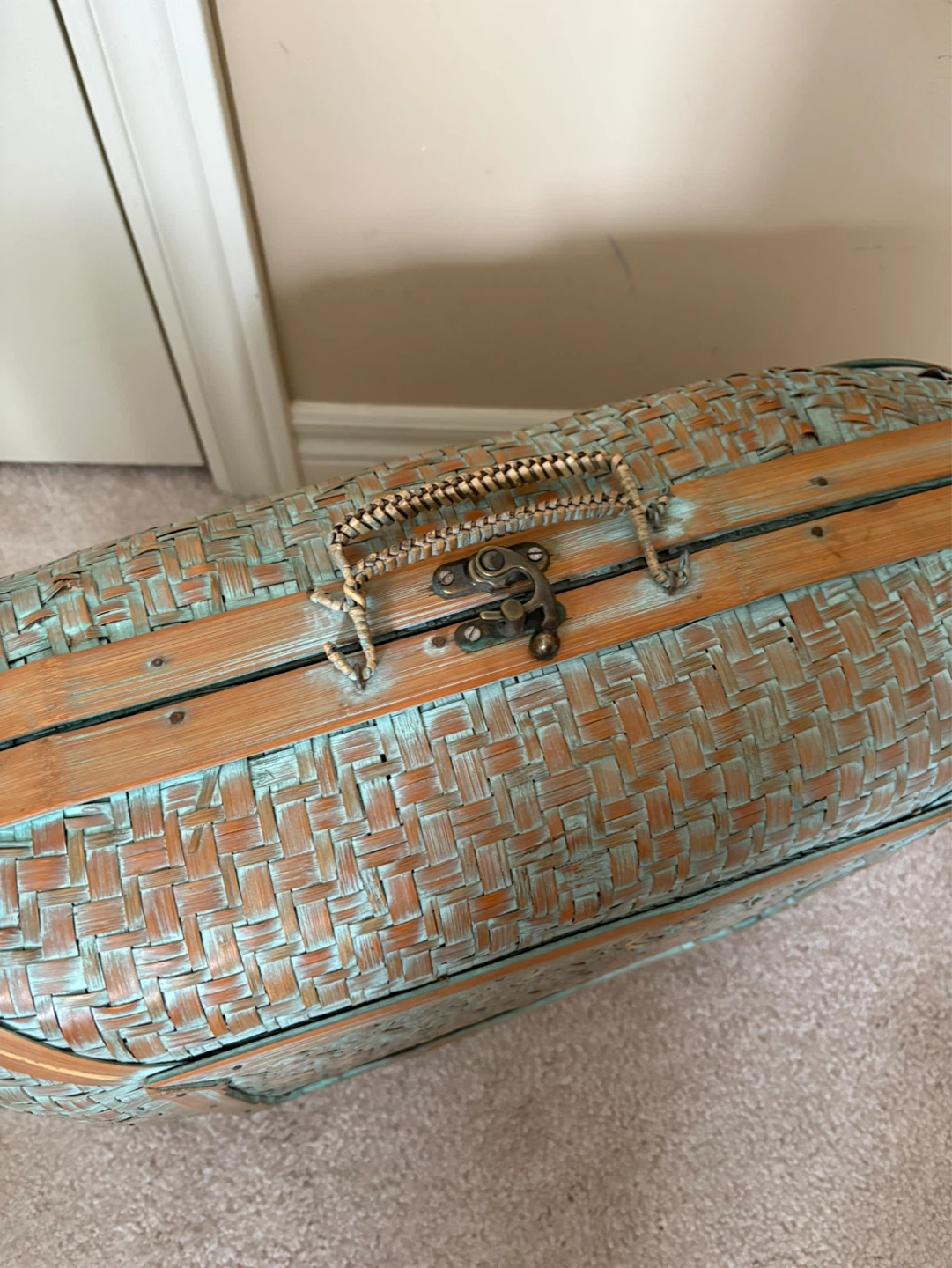Woven Basket Suitcase with Teal Distressed Finish - photo 4