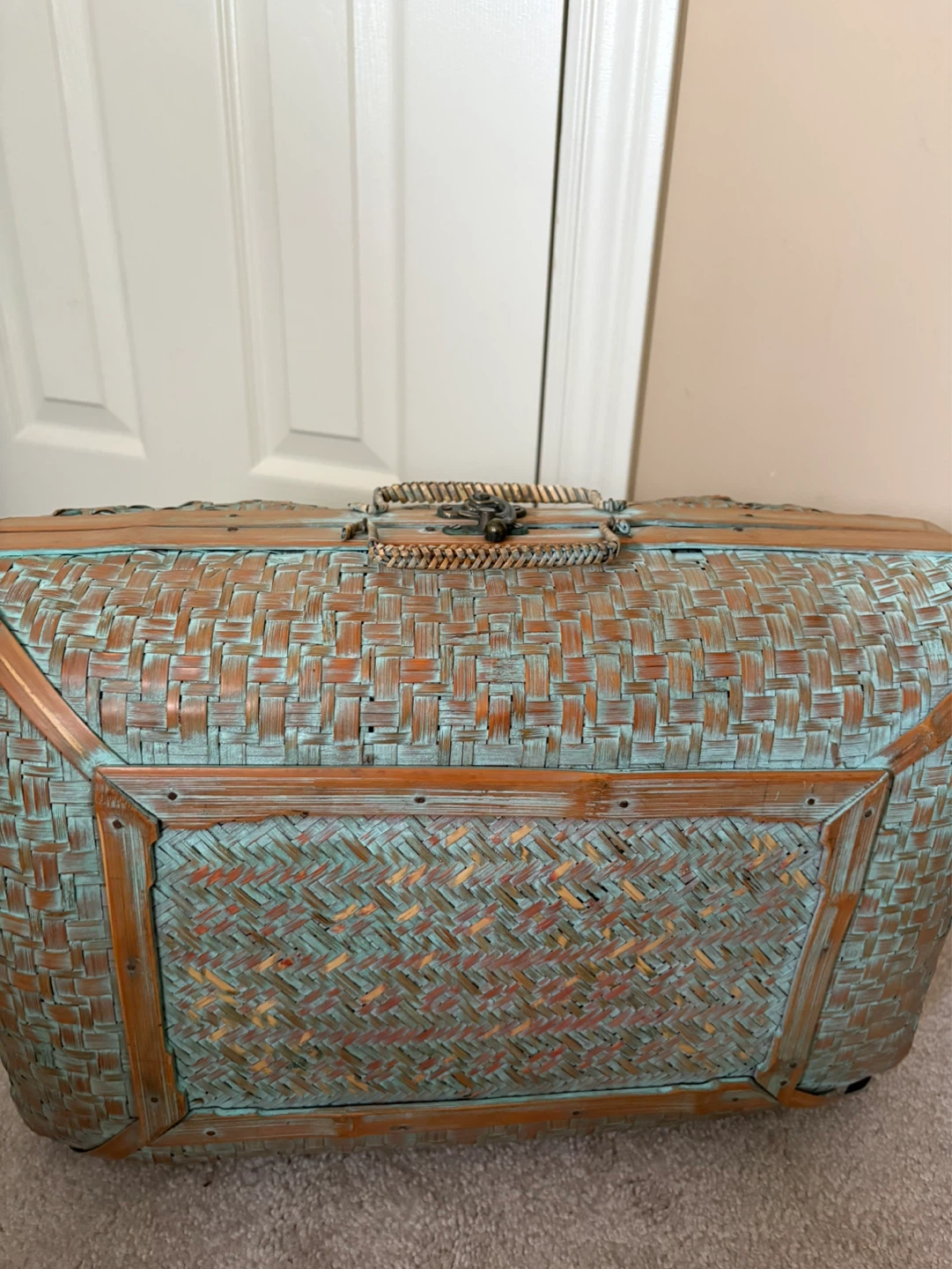 Woven Basket Suitcase with Teal Distressed Finish - photo 2