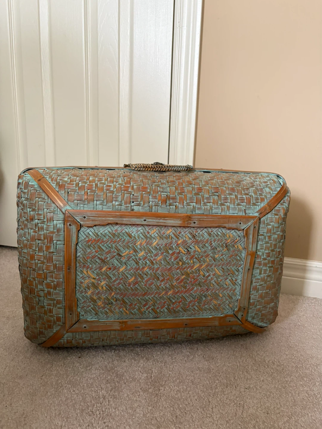 Woven Basket Suitcase with Teal Distressed Finish